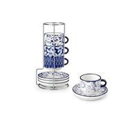 vancasso SELENE - Juego de Tazas de Café y Desayuno con Plato y Soportes - 4 x 90 ml - Tazas de Porcelana Para Té, Capuchino, Leche, Avena, Apto Lavavajillas y Microondas - Vintage en Azul y Blanco
