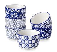 vancasso SELENE Moldes para Soufflé, 6 x 180ml Ramequines de Porcelana, Moldes para Tartas, Mini Cuencos para Aperitivos, Apto para Lavavajillas y Horno, Ø 9cm, Estilo Chino en Azul y Blanco