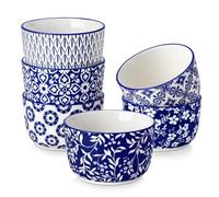 vancasso SELENE Moldes para Soufflé, 6 x 240ml Ramequines de Porcelana, Moldes para Tartas, Mini Cuencos para Aperitivos, Apto para Lavavajillas y Horno, Ø 9.7cm, Estilo Chino en Azul y Blanco