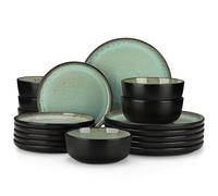 vancasso Serie AMBER Vajillas Completas 6 Personas, Vajilla 18 Piezas de Gres - 6 Platos Llanos, 6 Platos de Postre y 6 Cuencos de Cereales - Apto para Lavavajillas, Esmalte Reactivo Verde