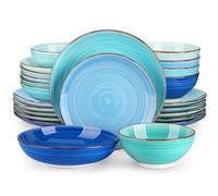 vancasso Serie Bonita Juego de Vajilla Completo 24 Piezas Pintados a Mano con 6 Platos Llanos, 6 Platos de Postre, 6 Cuencos para Pasta y 6 Cuencos de Cereales, Vajilla Azul Colores para 6 Personas