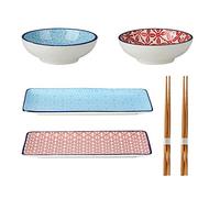 vancasso Serie Macaron, Vajillas de Sushi 6 Piezas Japonés para 2 Personas, 2 Platos Rectángulo 2 mini Platos Salsa, color azul y rojo