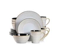 vancasso serie Pluvo Vajillas Completas de Cerámica 16 piezas con 4Tazas/ Tazones y Platos de Postre, Platos Llanos, Diseño de Línea de Lluvia en Relieve Vajilla Vintage- Gris