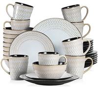 vancasso serie Pluvo Vajillas Completas de Cerámica 32 pcs con 8 Tazas/Tazones y Platos de Postre, Platos Llanos, para 4 Personas, Diseño de Línea de Lluvia en Relieve Vajilla Vintage- Gris