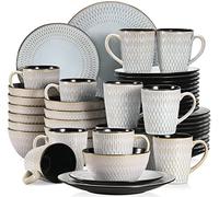 vancasso serie Pluvo Vajillas Completas de Cerámica 48 pcs con 12 Tazas/Tazones y Platos de Postre, Platos Llanos, para 12 Personas, Diseño de Línea de Lluvia en Relieve Vajilla Vintage- Gris