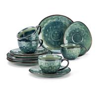 vancasso serie Starry Juego de Taza y Platillo 12 piezas con 4 Tazas, 4 Platillos y 4 platos de postre, Vajillas de Gres para Desayuno/Café, 270 ML Tazas de Café per 4 Persone, Irregular Esmalte Verde