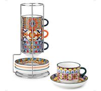 vancasso SIMI Juego de 8 Tazas de Café y Platillos (270 ml) - Tazas Cafe de Cerámica para 4 Personas, para Leche, Expresso y Capuchino - con Soporte de Metal - Estilo Bohème - Aptas para Microondas
