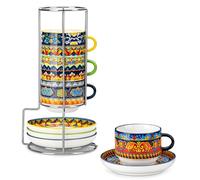 vancasso Tazas de Café Set de 4, 270 ml Tazas con Platillos y Soporte Metálico, Apilables de Cerámica Gruesa, Apto para Lavavajillas - Colección KRVI, Perfecto para Latte, Capuchino y Té