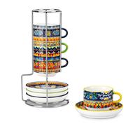 vancasso Tazas de Capuchino Set de 4, 150 ml Tazas de Café con Platillos y Soporte Metálico, Apilables de Cerámica Gruesa, Apto para Lavavajillas - Serie KRVI, Estilo Bohemio Colorido