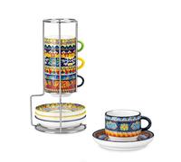 vancasso Tazas de Espresso Set de 4, 90 ml Tazas de Café con Platillos y Soporte Metálico, Apilables de Cerámica Gruesa, Apto para Lavavajillas - Colección KRVI, Estilo Bohemio