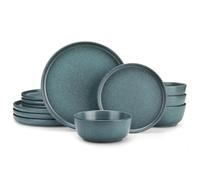 vancasso ZERMATT Vajillas Completas 4 Personas, 12 Piezas Vajillas de Gres, Platos Vajilla con 6 Platos Llanos, 4 Platos de Postre, 4 Cuencos de Cereales, Azul Verdoso Ahumado