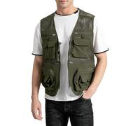 Vanchenl Chaleco de pesca de malla de trabajo al aire libre para hombre, multibolsillo, para disparar, safari, viajes, fotografía, chaleco, Verde militar., XL