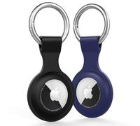 Vancle Funda para Apple AirTag colgante con llavero, cubierta de silicona portátil, resistente a los golpes, colgante Airtag para llaves, maleta, collar de perro para niños (negro/azul)