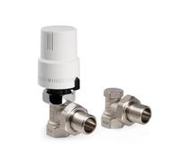 VANCOCO Válvula termostática + válvula de retorno, juego completo de 1/2", conexión roscada, válvula de radiador, válvula de calefacción, forma angular, color blanco, sensor de líquido, posición