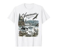 Vancouver BC Nature Scene MT Rainier Orca Eagle Seal Camiseta gráfica económica, Hombre, Blanco, S