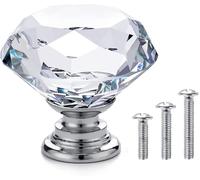 Vandicka 20 Piezas Pomos y Tiradores de Cristal para Cajones, Armarios, Puertas, Armarios de Cocina, Aparadores, Diamante Transparente + Base Plateada, 30 x 28 mm, con Tornillos de 3 Tamaños