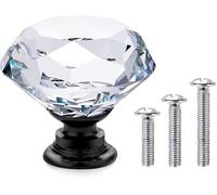 Vandicka 20 Piezas Pomos y Tiradores de Cristal para Cajones, Armarios, Puertas, Armarios de Cocina, Aparadores, Diamante Transparente + Base Negra, 30 x 28 mm, con Tornillos de 3 Tamaños