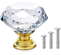 Vandicka 20 Piezas Pomos y Tiradores de Cristal para Cajones, Armarios, Puertas, Armarios de Cocina, Aparadores, Diamante Transparente + Base Dorada, 30 x 28 mm, con Tornillos de 3 Tamaños