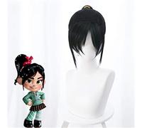 Vanellope Von Schweetz Peluca de cosplay Cola de caballo negra Pelo sintético Destroza Ralph2 Disfraz de fiesta de Halloween Juego de roles Pelucas + gorro de peluca