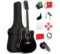 Vangoa Guitarra de 12 cuerdas, paquete de guitarra acústica de corte para adultos principiantes, parte superior de abeto, tuerca de hueso, negro mate