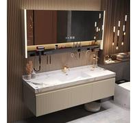 Vanidad flotante para baño, fregadero individual de 60 pulgadas con juego de espejo antivaho inteligente, armario estriado de madera maciza, estante funcional, cajones, grifo incluido