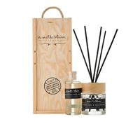 Vanilla Blanc Difusor de caña natural en una caja de regalo de madera hecha a mano exclusiva con botella de 200 ml de recarga (Fresh Linen & Bois Precieux)