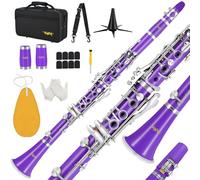 VANPHY Clarinete Bb para estudiantes principiantes, clarinete B Flat 17 teclas niqueladas con funda, soporte, correa, 2 barriles, cojín de 8 boquillas, guantes blancos, kit de limpieza (morado)