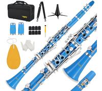 VANPHY Clarinete Bb para estudiantes principiantes, clarinete B Flat 17 teclas niqueladas con funda, soporte, correa, 2 barriles, cojín de 8 boquillas, guantes blancos, kit de limpieza (azul)