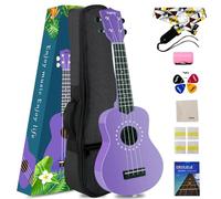 VANPHY Ukelele soprano para niños, ukelele de 21 pulgadas con bolsa, correa, púas y paño de limpieza adecuado para adultos y principiantes (morado)