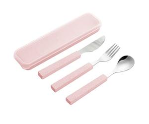 VANRA Juego de 3 utensilios para niños de acero inoxidable 18/10, cubiertos para niños, juego de cubiertos, cuchillos, cuchara, tenedor con estuche de viaje para lonchera infantil (rosa)