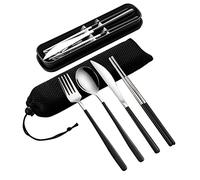 VANRA Juego de cubiertos de acero inoxidable para adultos de 4 piezas con estuche Juego de utensilios reutilizables con tenedor, cuchara, cuchillo, palillos para el almuerzo(negro plata)