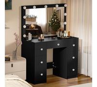 Vanrste Tocador con iluminación en 3 modos de luz, tocador con espejo, mesa de maquillaje moderna con 5 cajones para dormitorio, color negro YA76
