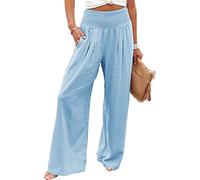 Vansha, Pantalones palazzo largos de lino y algodón de cintura alta con bolsillo para mujer, de verano, pierna ancha, Azul/claro, Large
