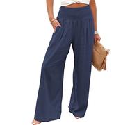Vansha, Pantalones palazzo largos de lino y algodón de cintura alta con bolsillo para mujer, de verano, pierna ancha, marino, X-Large