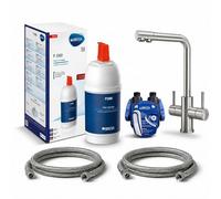 VANTO INOX - Grifo de cocina de 3 vías, acero inoxidable 304, grifo de cocina de alta presión, filtro de agua potable con BRITA P1000, manguera y adaptador de cabezal de filtro, caño en L