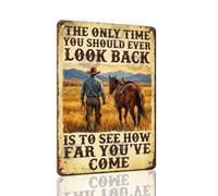 Vantoria Letrero de metal vintage con texto en inglés "The Only Time You Should Ever Look Back Is To See How Far You've Come Prairie Horse Sunset Wall Art Plaque Homesteader Gift For Cabin Yard Lawn