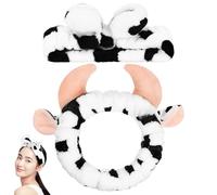 VANZACK Diadema Cuidado Piel Estampado de Vaca 3d, Banda Elástica Suave Cuernos y Lazo, para Limpieza Facial, Spa y Maquillaje, Accesorio Cómodo para Mujer y Niñas