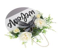 VANZACK Letrero Colgante de Bienvenida de Madera para Puerta de Casa, Decoración de Exterior para Jardín y Porche, Cartel Redondo Natural Flores Artificiales, Resistente y Duradero, Fácil de Colgar