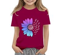 vaolkwsacz Camiseta de girasoles para niña, diseño de flores dulces, camiseta suelta, cuello redondo, manga corta, informal, camiseta superior, Vino, 12-13 años