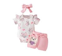 vaolkwsacz Conjunto de ropa para bebé y niña, manga corta, botón a presión, entrepierna con cuello redondo, corazón de amor, pantalones cortos, lazos, diadema, conjuntos de ropa, 0 18 Mon Label Set