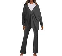 vaolkwsacz Damen Zweiteiler Elegant Hosenanzug Sommer Freizeitanzug V-Ausschnitt Top Figurbetonter Bootcut Lockere Langärmiger Oberteil elastische Streetwear 2teile Fallen lassen Zweiteilige, A01dark