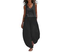 vaolkwsacz Elegante traje de ocio para mujer, traje de lino sin mangas, traje formal de oficina, 2 piezas, ropa de salón, solapa, cuello en V, parte superior y cintura elástica, pantalones de pierna