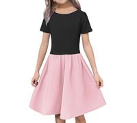 vaolkwsacz Elegante vestido de verano para niña, manga corta, camiseta de skater, línea A, para niñas de 4 a 12, Rosa., 13-14 años