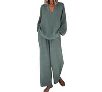 vaolkwsacz Muselina de dos piezas para mujer, traje largo de pantalones de dos piezas, monocolor, manga larga, traje de lino, juego de salón grande, ropa de calle, traje de ocio con bolsillos, cuello