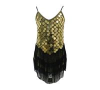 vaolkwsacz Niñas Lentejuelas Flecos Baile Ropa De Baile Latina Conjunto Brillante Sin Mangas Borla Falda De Baile Pantalones Con Niña, dorado, 120