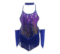 vaolkwsacz Niñas Lentejuelas Flecos Ropa de Baile Latina Conjunto Brillante Sin Mangas Borla Falda de Baile Niños Niñas 152, azul, 4-5 años