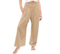 vaolkwsacz Pantalones Palazzo de lino para niña, pierna ancha, cintura alta, pantalones casuales, playa, viajes, vacaciones, trajes leggins para niñas, beige, 6-7 años