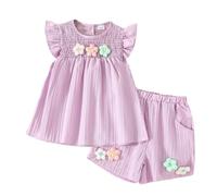 vaolkwsacz Toddler Girls Small Flower Sleeve Top Bow Shorts Summer Outfit Baby Dress Bow, morado, 24