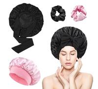 vaolmlop 2 Piezas Gorro De Seda Para Dormir,Gorro De Seda Ajustable,Gorro Saten Pelo Rizado,Gorro De Para Dormir Para Pelo Rizado Con Banda Ancha Elástica Para Mujeres Y Niñas(Negro+Rosa)