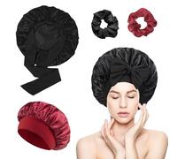 vaolmlop 2 Piezas Gorro De Seda Para Dormir,Gorro De Seda Ajustable,Gorro Saten Pelo Rizado,Gorro De Para Dormir Para Pelo Rizado Con Banda Ancha Elástica Para Mujeres Y Niñas(Negro+rojo)